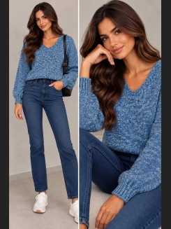 Sweter melanżowy niebiesko-biały z dekoltem w serek